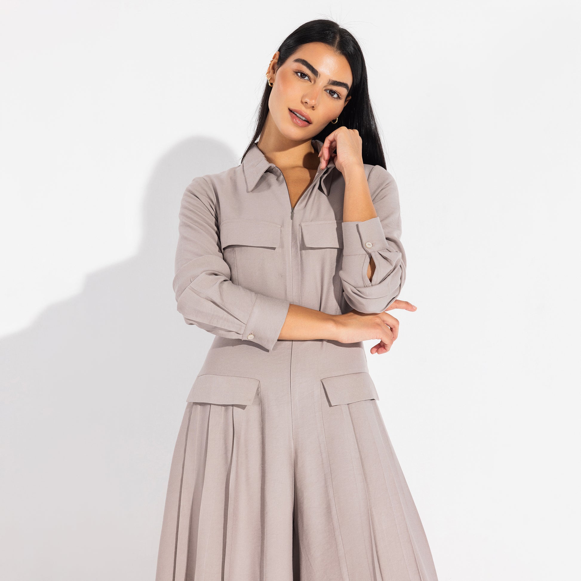 Harper jumpsuit | Taupe Grey Black Swan Fashion
