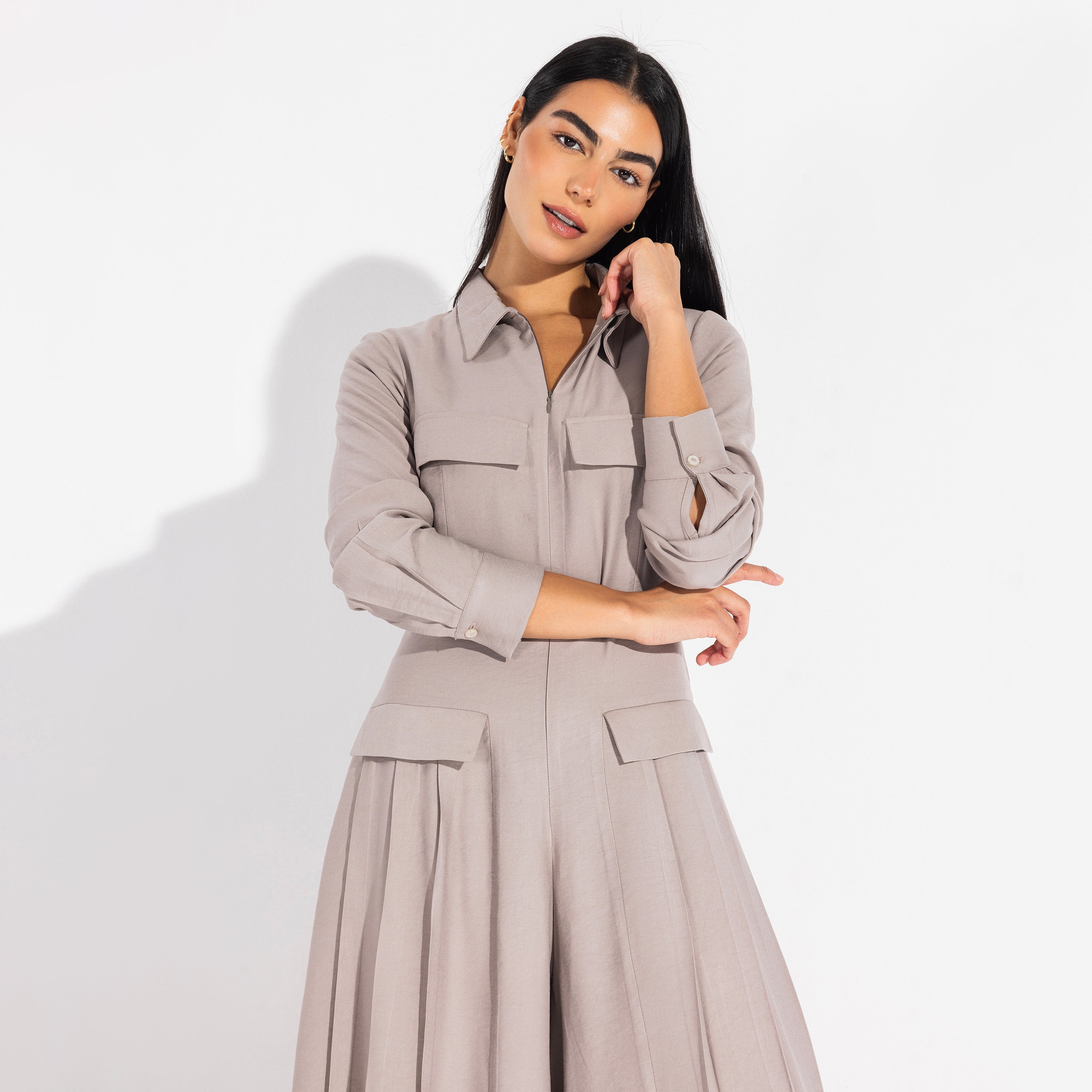 Harper jumpsuit | Taupe Grey Black Swan Fashion