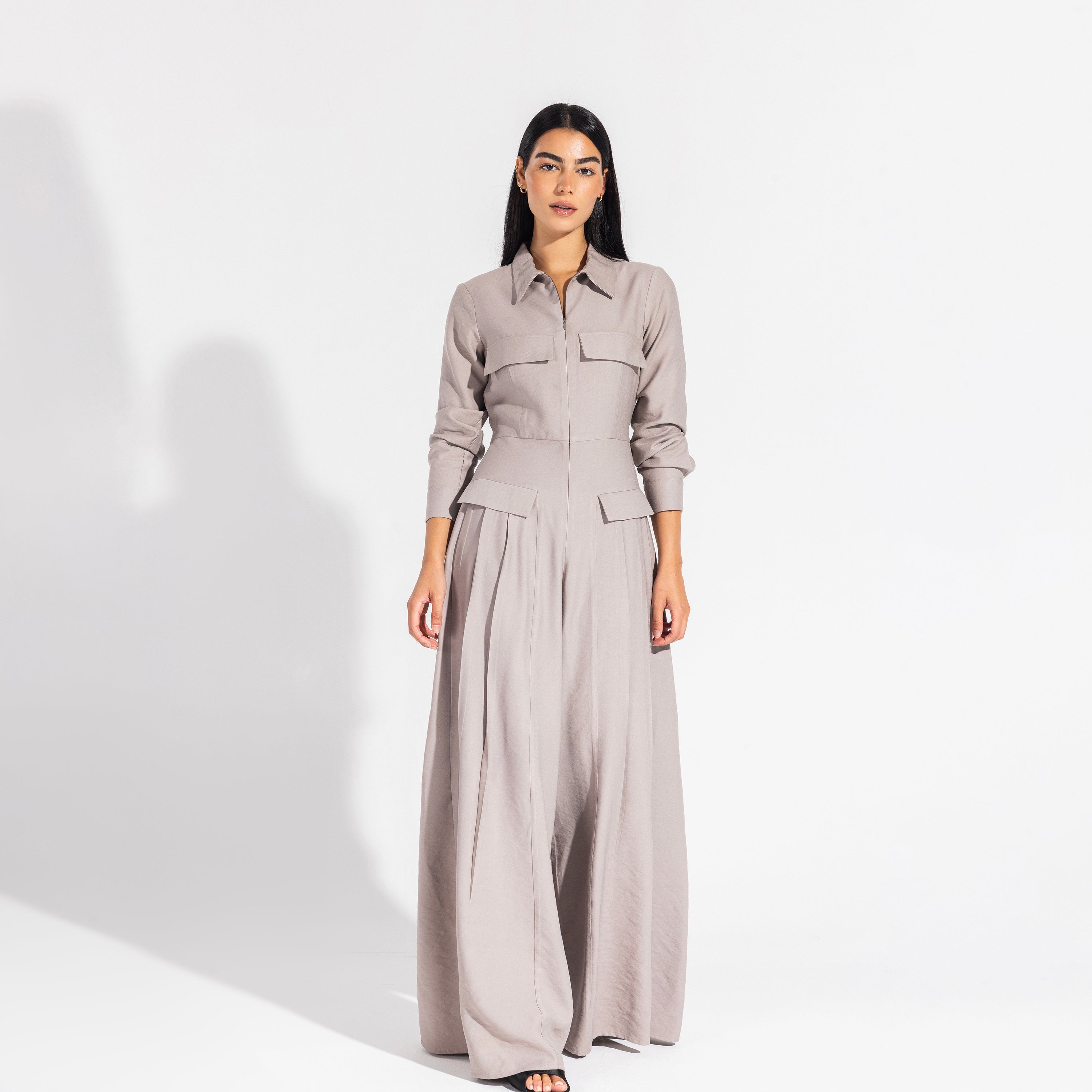 Harper jumpsuit | Taupe Grey Black Swan Fashion