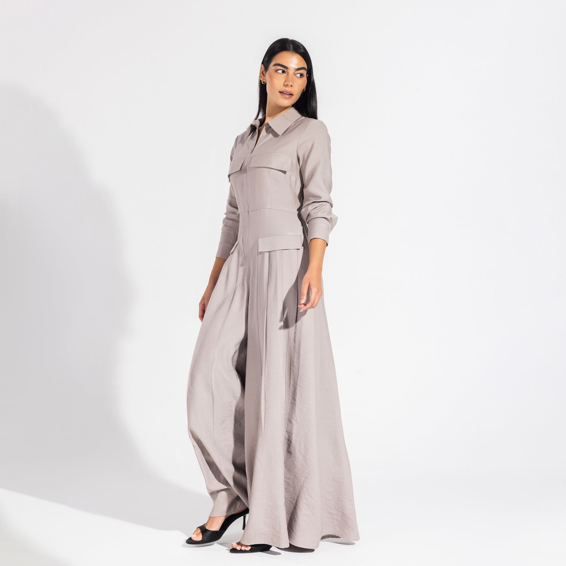 Harper jumpsuit | Taupe Grey Black Swan Fashion