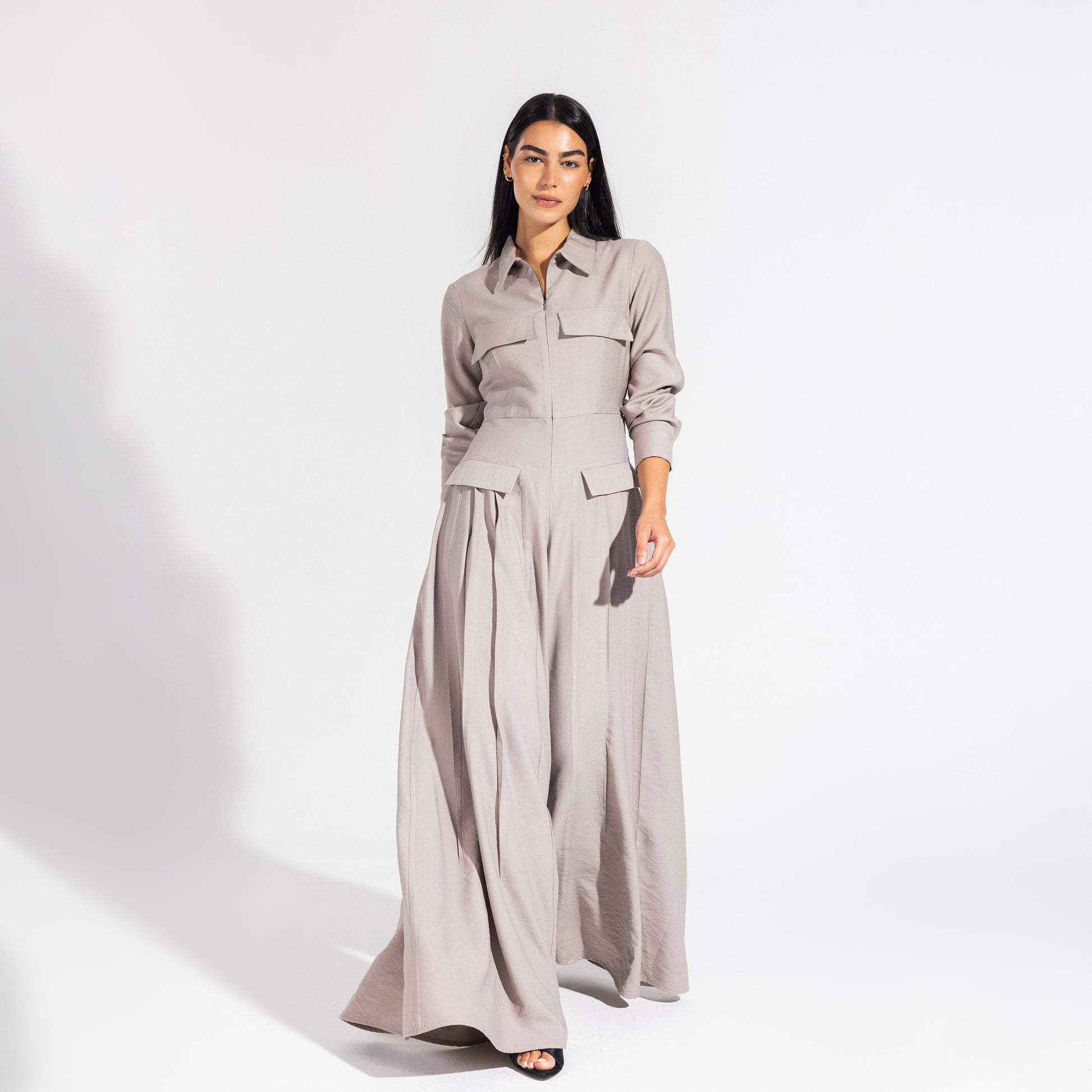 Harper jumpsuit | Taupe Grey Black Swan Fashion