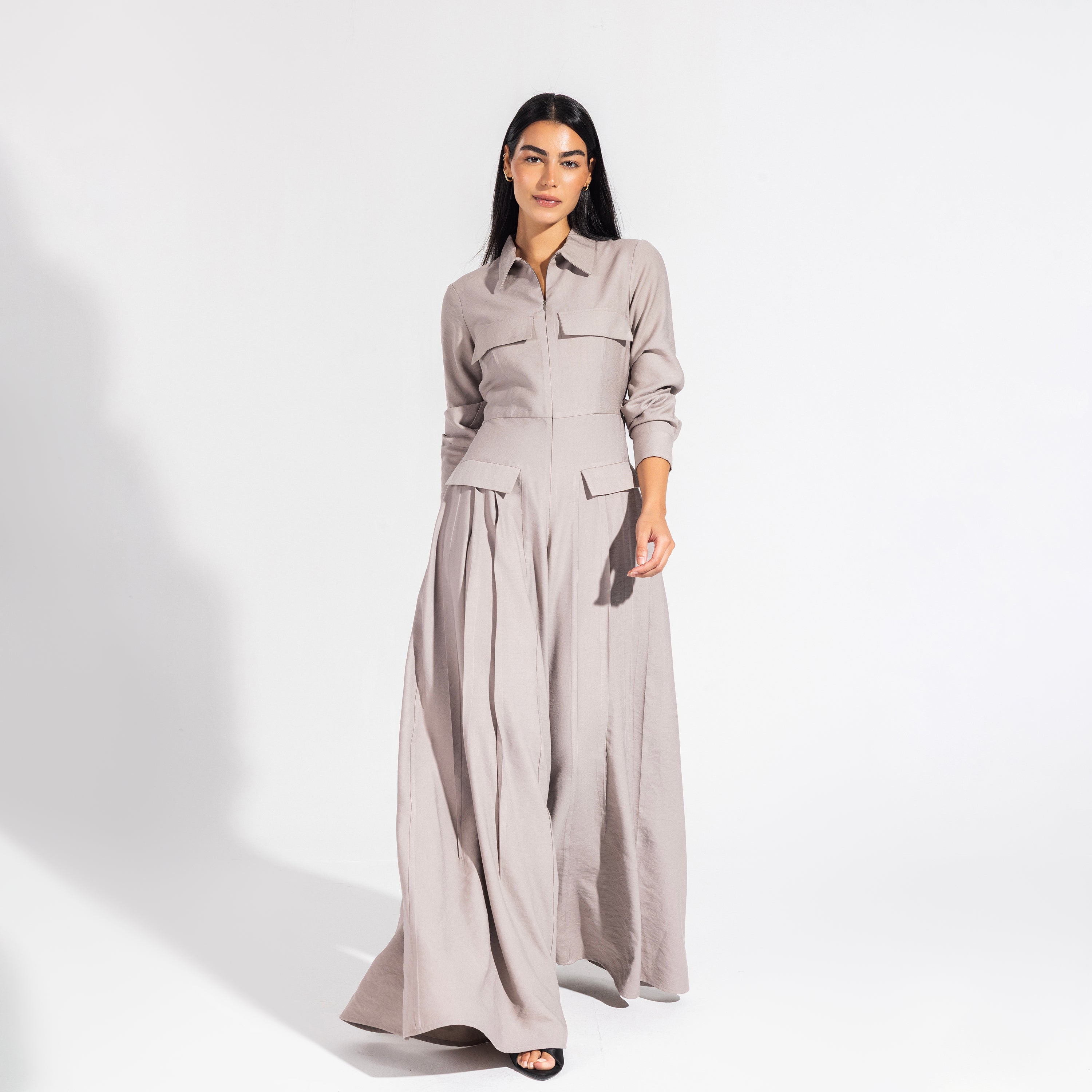Harper jumpsuit | Taupe Grey Black Swan Fashion